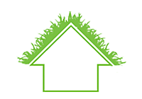 An illustration of a house shape with plants on the roof